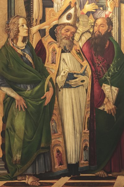 Altarpiece, Main Panel: Enthroned Madonna, Four Angels and Saints by Sandro Botticelli
