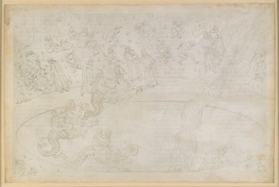 The Divine Comedy, Inferno XVII. Virgil and Dante in the Seventh Circle of Hell, 3rd Strip: Violent Against Divine Order in the Desert of Flames, Punishment of Usurers; Descent into the Depths on the Back of Geryon by Sandro Botticelli