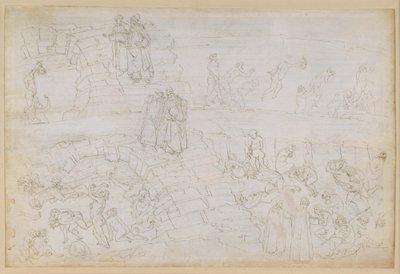 The Divine Comedy, Inferno XXIX. Virgil and Dante in the Eighth Circle of Hell (Malebolge), 10th Bolgia: Punishment of the Falsifiers and Alchemists by Sandro Botticelli
