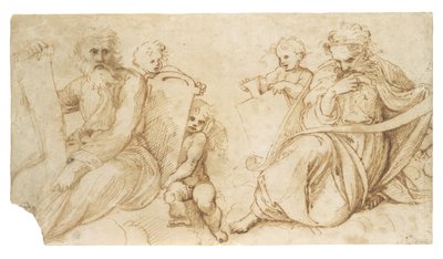 Two Prophets with Scrolls Seated with Putti Holding Tablets by Sanzio of Urbino Raphael