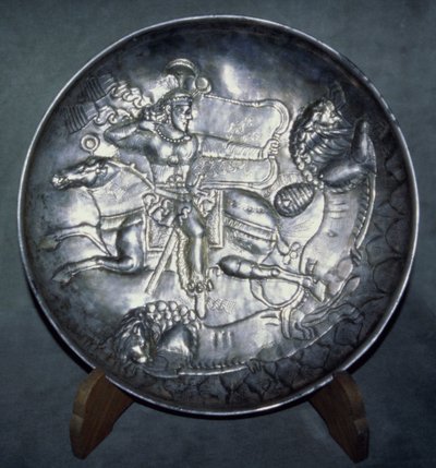 Dish depicting King Ardashir II (r.379-86), from Sari, Mazandaran, c. AD 380 by Sasanian School