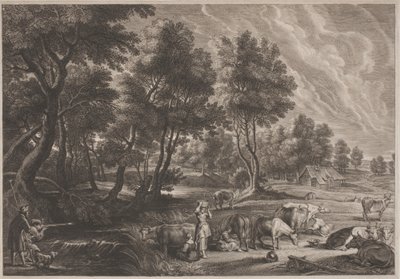 Farm Landscape with Hunters and Milkmaids by Schelte Adams Bolswert, after Sir Peter Paul Rubens