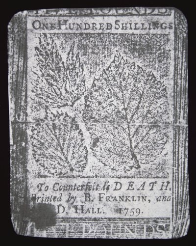 A 100 Shilling Note Designed and Printed by Benjamin Franklin in 1759 by School American