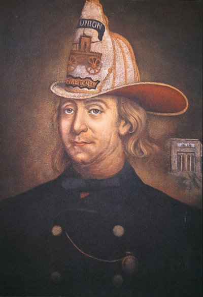 Benjamin Franklin wearing the uniform of the Union Fire Company which he founded in Philadelphia in 1736 by School American