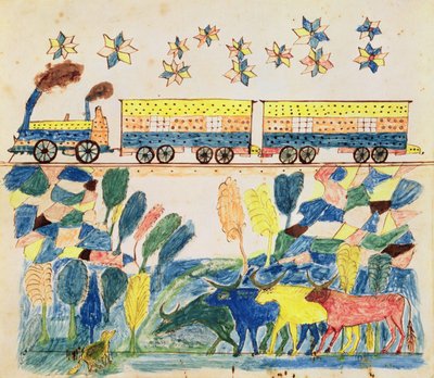 Freight Train and Landscape with Cattle by School American