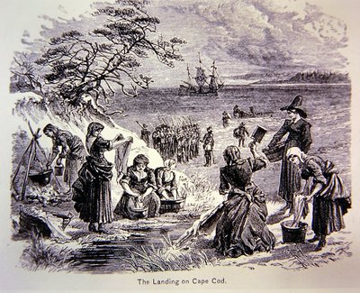 Pilgrim Fathers Land in America in 1620 - The landing at Cape Cod showing women at work by School American