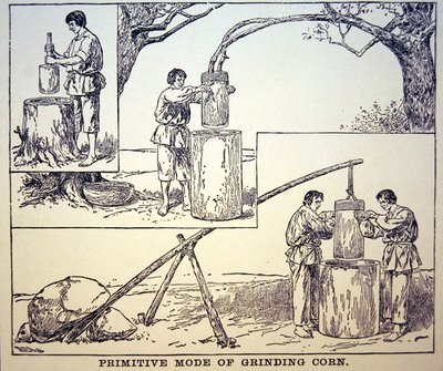 Primitive method of grinding corn by School American