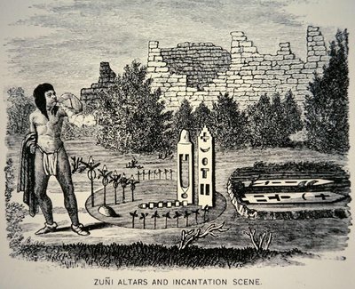 Zuni Tribesman blowing pollen over a Pueblo shrine (engraving) by School American