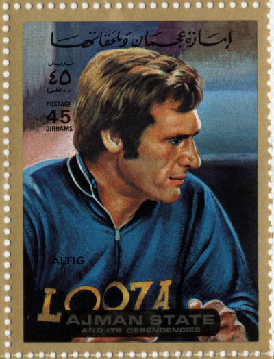 UAE stamp representing cyclist Rudi Altig by School Arabic