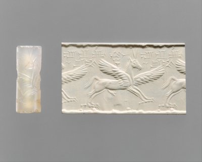 Cylinder seal and modern impression: winged horse with claws and horns by School Assyrian