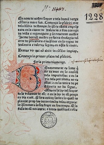 Psalter of Boniface Ferrer, Corrected by Jaime Borrell, Printed by Nicolaus Spindeler in Barcelona in 1480 by School Catalan