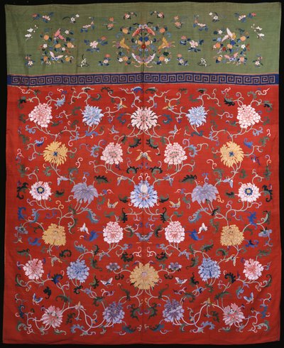 A large hanging woven in kossu in coloured silks against a red ground, with an upper border of apple green, Chinese 18th or 19th century by School Chinese