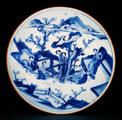 Dish painted in underglaze blue with figures of ladies, Transitional period, c.1640 by School Chinese