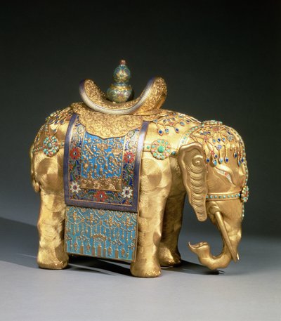 Figure of an elephant, with enamel trappings and coral and turquoise cabochons, saddle cloth decorated with Buddhist emblems, Chien Lung Period, c.1780 by School Chinese