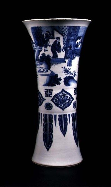 Vase with three registers depicting a landscape, lozenge panels and descending lappets by School Chinese