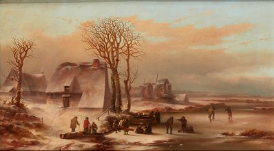 A Winter Landscape with Figures on a Frozen Lake by School Dutch