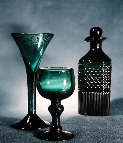 L to R: Decorated wine glass, round glass and decanter, late 18th-early 19th century by School English