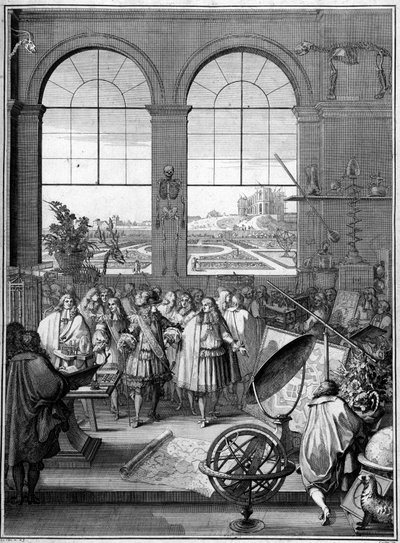 Allegory of Science (Louis XIV visiting science, 2nd plane, Paris Observatory) by School French