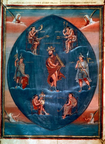 David playing the harp, surrounded by four musicians, two guards and four cardinal virtues. Miniature in 