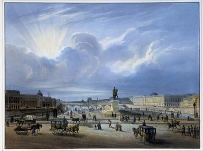 General view of the Louvre with the statue of Henry IV by School French
