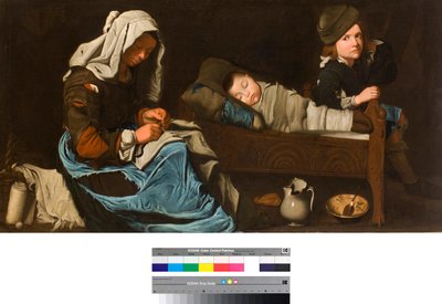 Mother Sewing and Her Two Children by School French