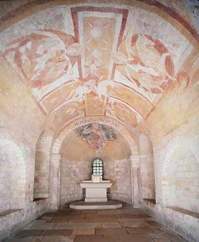 The Crypt, from the earlier church of 1030, with frescoes of Christ on a white horse surrounded by angels, from the 12th century by School French
