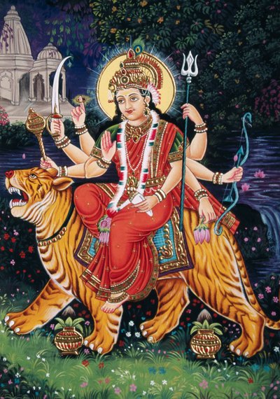 Goddess Durga with Embroidery by School Indian