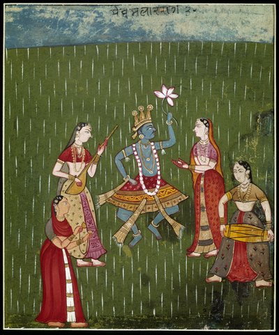 Goddess Krishna dancing in the rain with musicians by School Indian