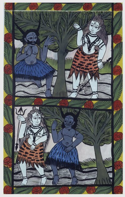 Kama, god of desire, sends a love arrow to Shiva in meditation, to unite with Parvati. Painted roll of the Bengal region, serving as a narrative medium for the singers Baoul (Baul). Leonard de Selva private collection. by School Indian