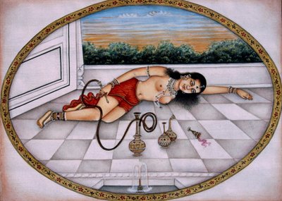 Lady Enjoying Hookah and Drink Miniature Painting on Paper by School Indian