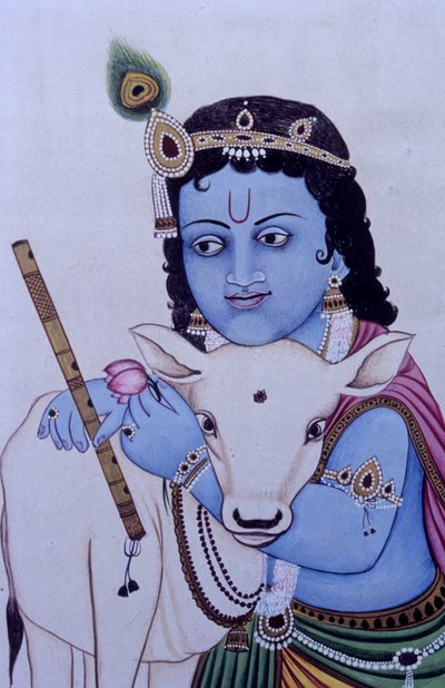 Lord Bal Krishna with Cow in Miniature Painting on Paper by School Indian