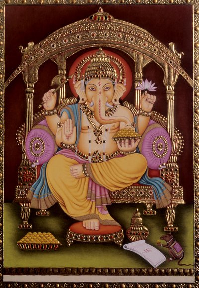 Lord Ganesh Ganpati Miniature Painting on Paper with Gold Embossing by School Indian