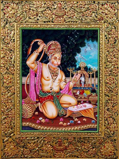 Lord Hanuman Miniature Painting Paper with Golden Embossing by School Indian