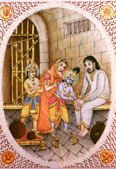 Miniature Ivory Painting of Krishna Balram and Devaki Vasudeva by School Indian