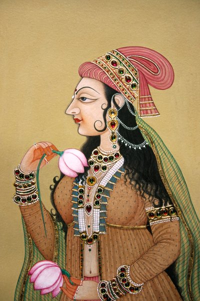 Miniature Painting on Paper Portrait of Royal Mughal Lady by School Indian