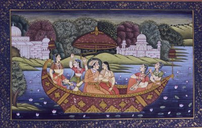 Mughal Miniature Painting on Paper, King Love Scene and Enjoying Music in Boat by School Indian