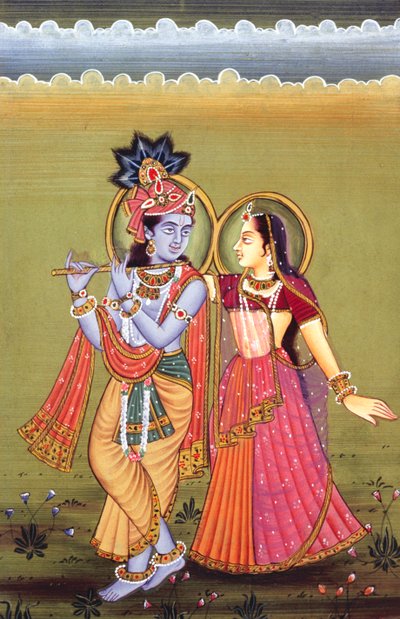 Painting of God Krishna & her Greatest Devotee Radha, India by School Indian