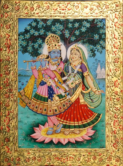 Radha Krishna Miniature Painting on Paper with Golden Embossing by School Indian