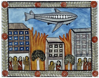 The story of the attacks of 11 September 2001 told by the peddlers Baul from Bengal. Painting, series, number 6/9, Bengal by School Indian