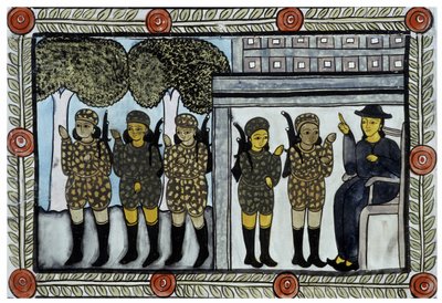 The story of the attacks of 11 September 2001 told by the peddlers Baul from Bengal. Painting, series, number 4/9, Bengal by School Indian