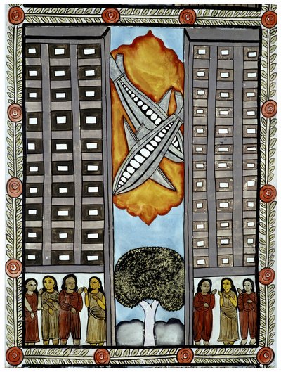 The story of the attacks of 11 September 2001 told by the peddlers Baul from Bengal, an illustration of the planes taking part in the World Trade Center in New York. Painting, series, number 3/9, Bengal. by School Indian