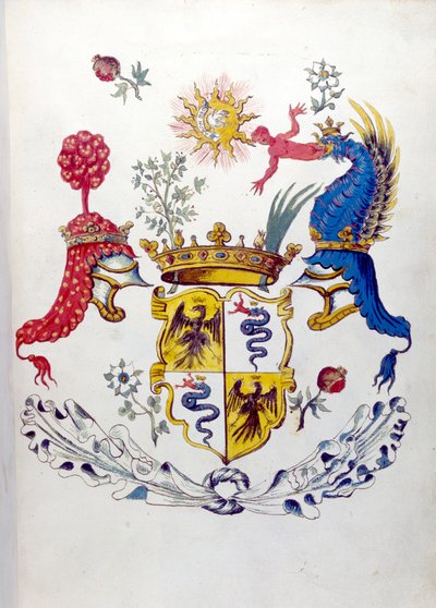 Blazon of the Visconti family of Milan, with representation of a dragon devouring a child. State Archive of Milan by School Italian
