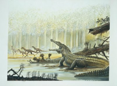 Rutiodon with Fabrosaurus in the background, Triassic period by School Italian