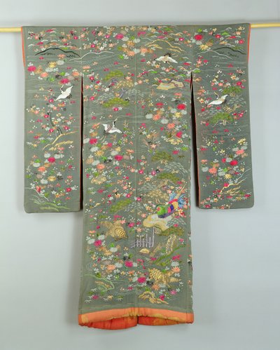 Grey robe decorated with flowers and birds, Japanese by Japanese School