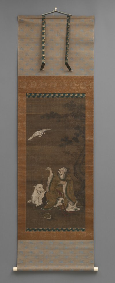 Man with deer, flying crane by Japanese School