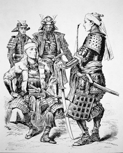 Samurai of Old Japan Wearing Traditional Costume and Armour by School Japanese