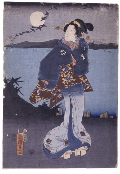 Woman at Lakeside Watching Full Moon and Descending Geese by School Japanese