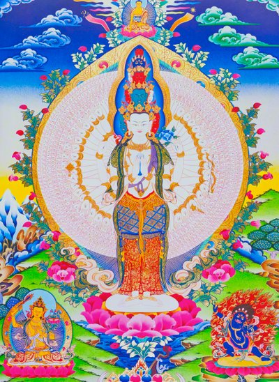 Image depicting the thousand arms Avalokiteshvara, the eleven headed Avalokiteshvara with thousand arms and 1022 eyes symbolising infinite compassion by School Nepalese