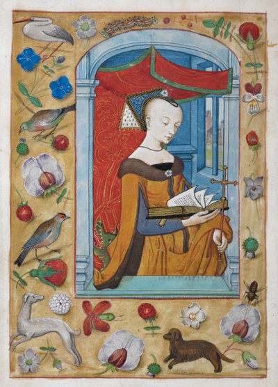 Commendation to St. Margaret. The saint, with a cross in her left hand, stands reading under a canopy, with a dragon behind her. Borders of trompe l
