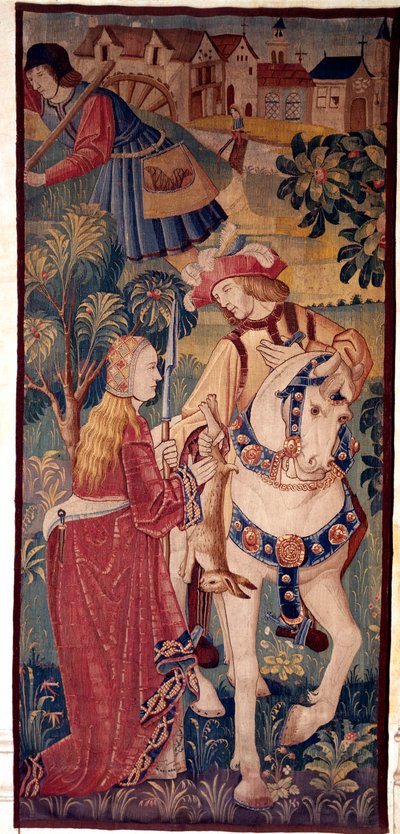 The return of the hunt. A gentleman offers game to a young lady by School Netherlandish